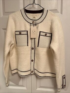 Greige Cream Furry Plush Cardigan with Black Trim
